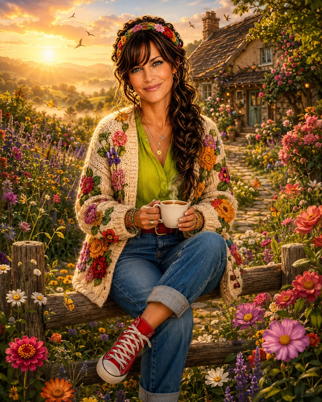 A woman drinking coffee by a country cabin
